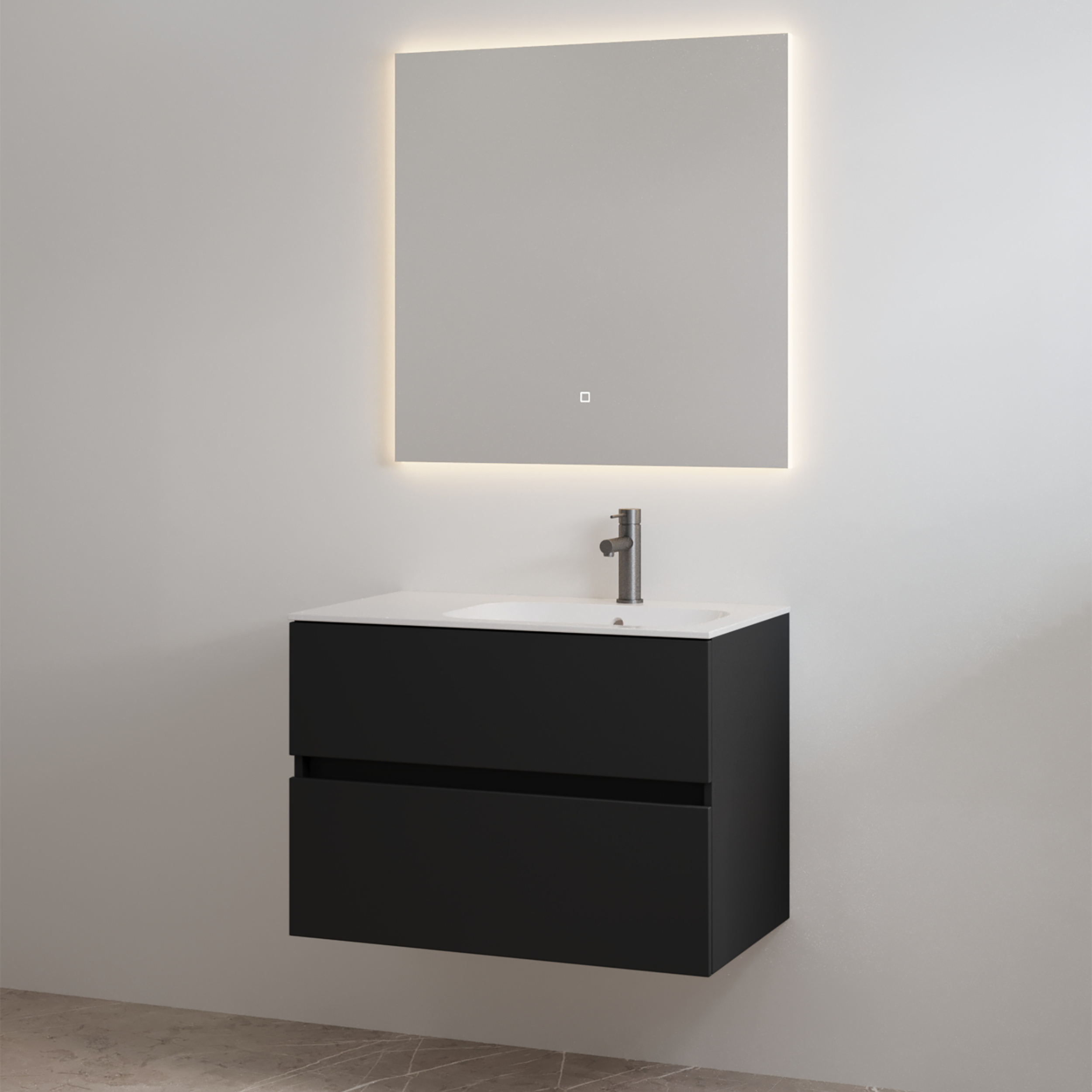 Splash-80 Mat-Zwart | Onderkast + Wastafel met Kraangat | 80 cm