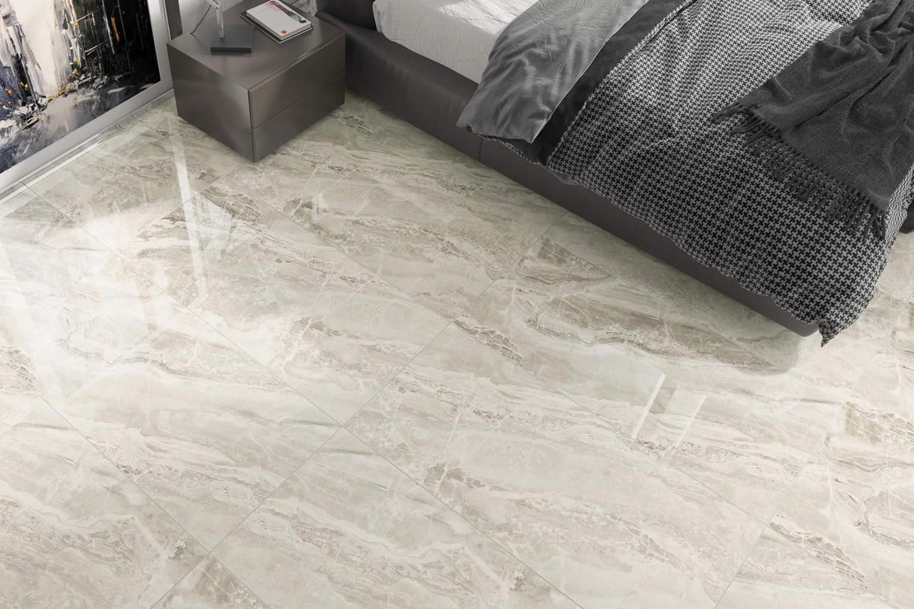 Keops Latte | Tegel 60x120 cm | Hoogglans Grijs Steenlook