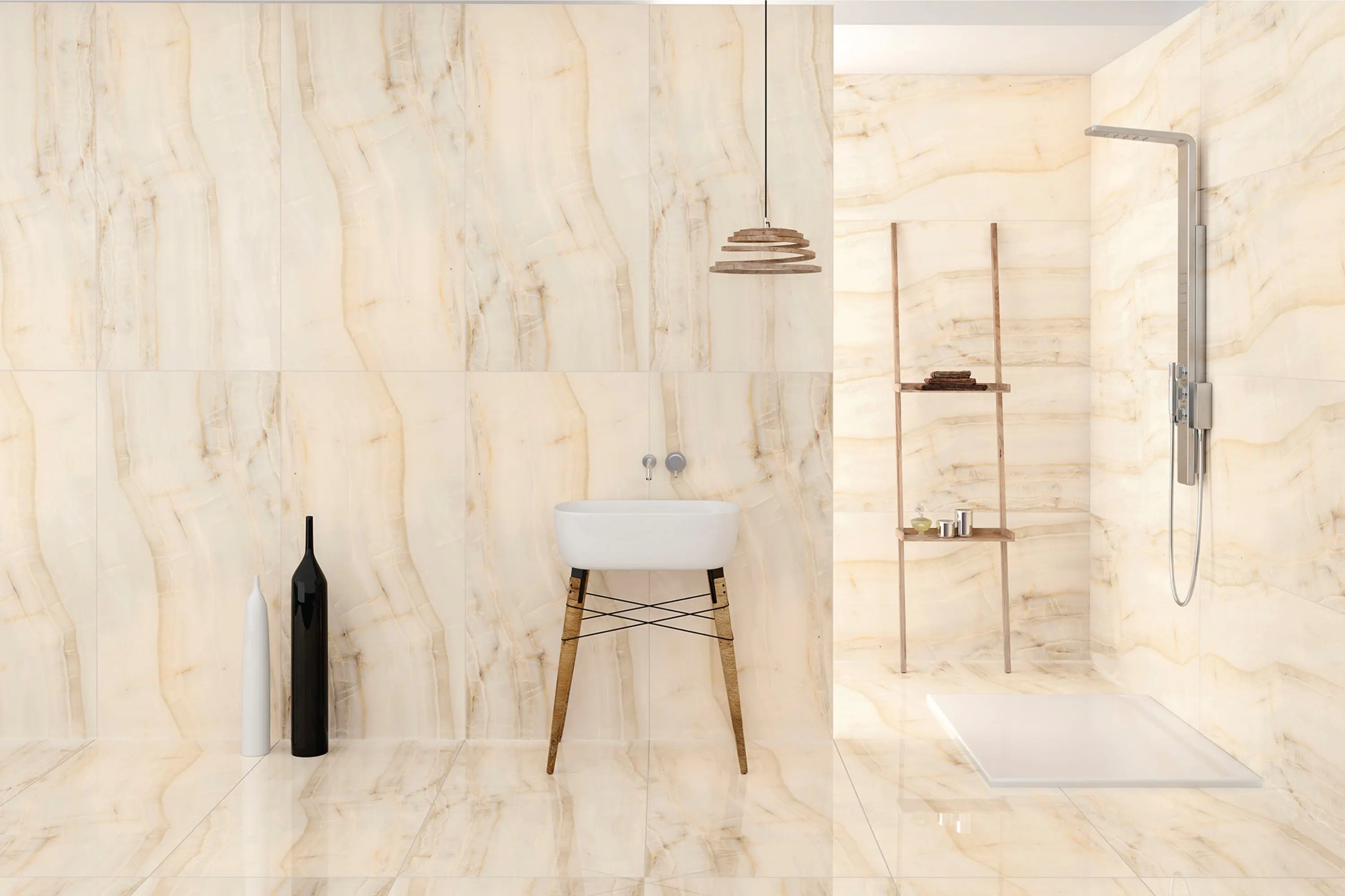 Opal Bone | Tegel 60x120 cm | Hoogglans Beige Marmerlook