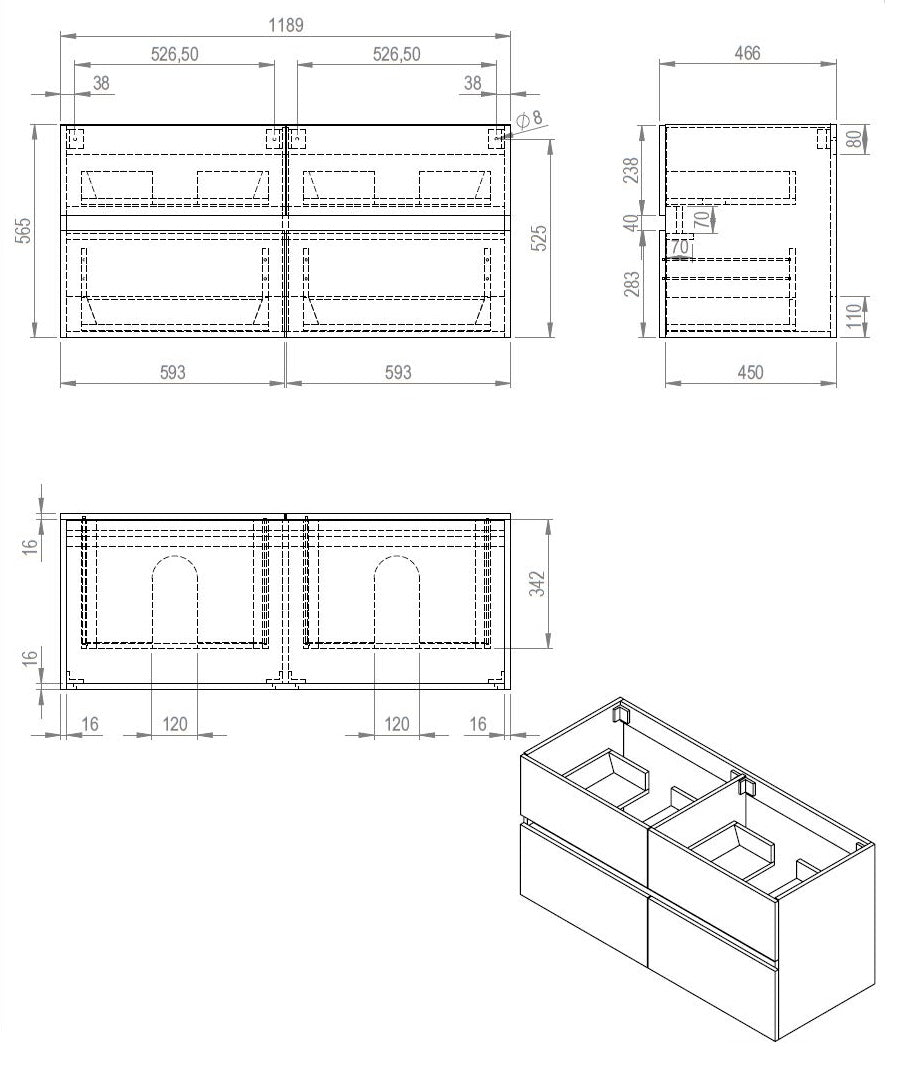 Bora Mat-Taupe | Onderkast + Duo Wastafel zonder Kraangaten | 120 cm