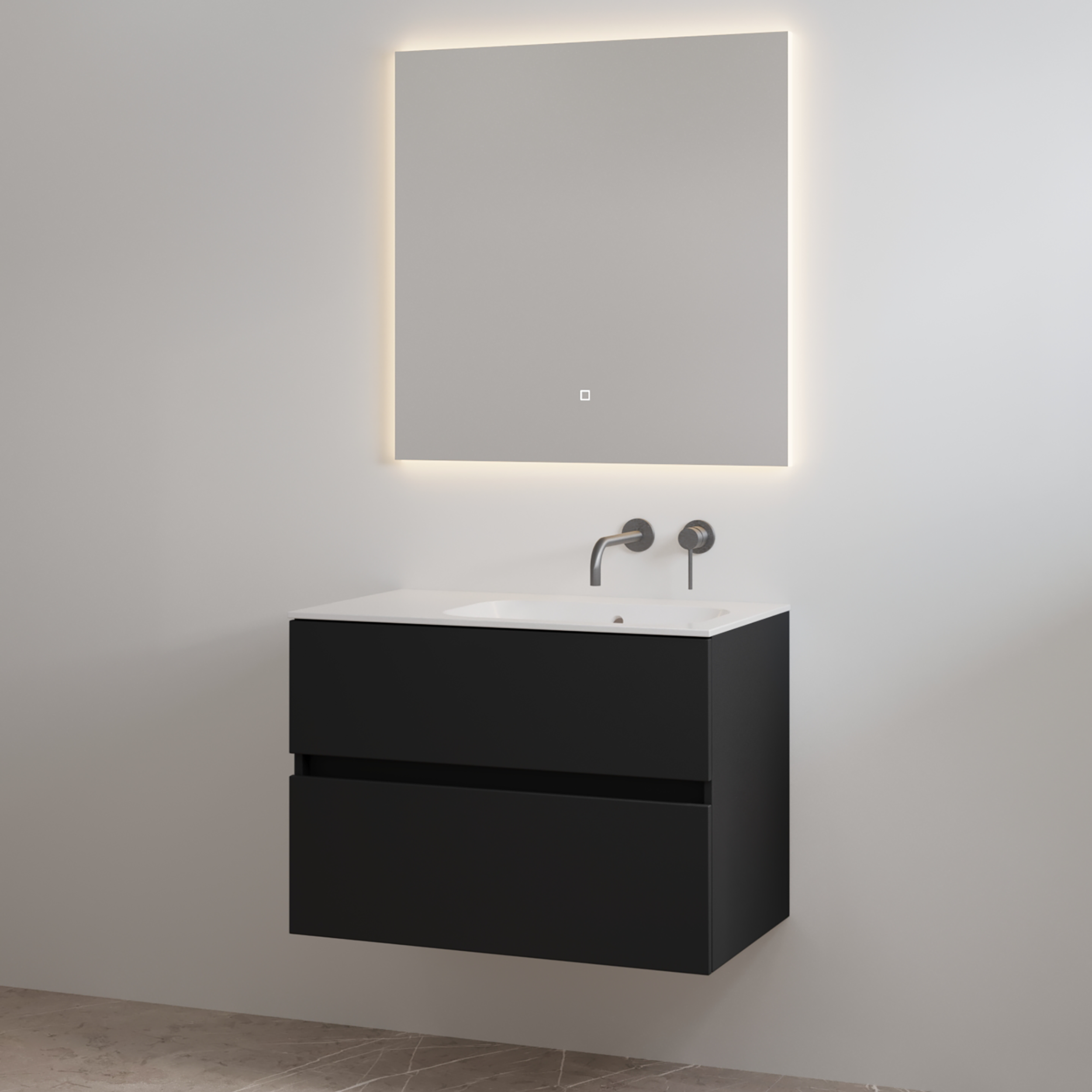 Splash-80 Mat-Zwart | Onderkast + Wastafel zonder Kraangat | 80 cm