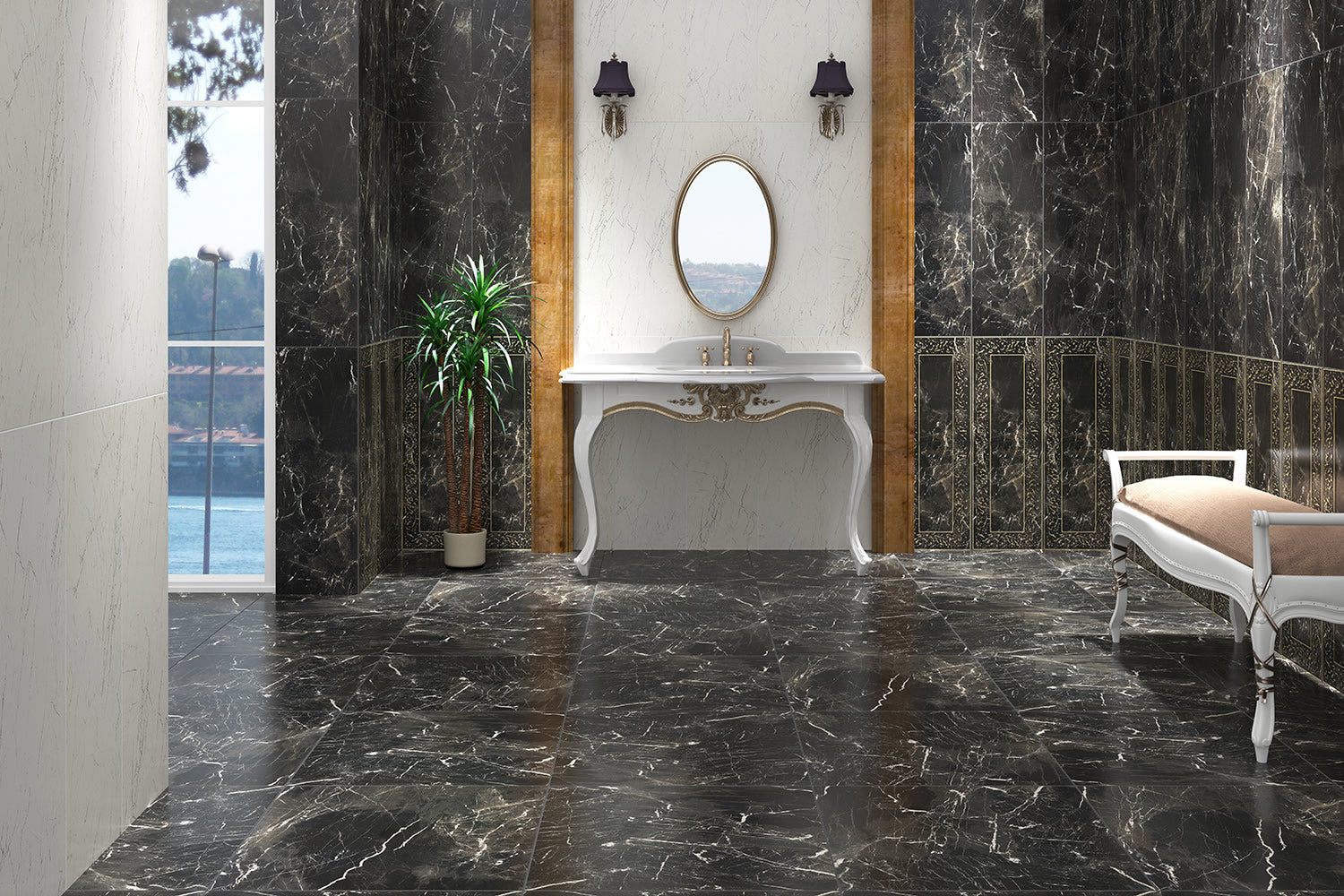 Alkazar | 60x60cm | Hoogglans Antraciet Marmerlook Tegel